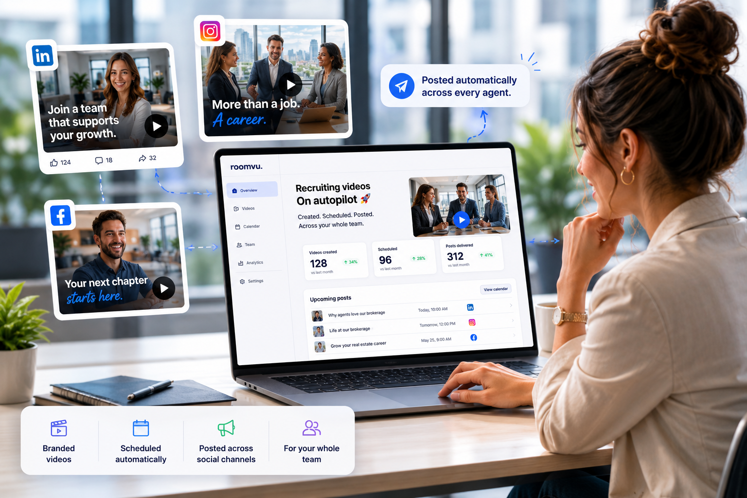 Brokerage recruiting videos posted automatically across agent social channels
